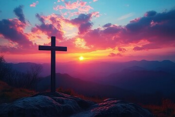 wooden cross on rocky mountaintop at colorful sunset over layered mountains and glowing clouds, silhouetted shrubs and distant ridges evoking peaceful reverence and solitude