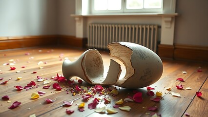 sedition. A shattered ceramic vase on a wooden floor with scattered flower petals in an empty room. wellbeing guides.