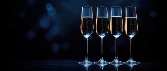 Four champagne flutes filled with sparkling bubbly on a reflective surface against a dark blue bokeh backdrop, elegant celebratory mood