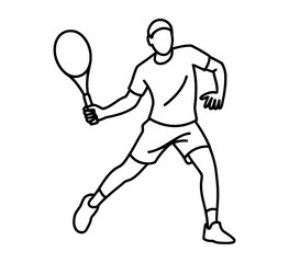 A line drawing illustrates a person playing tennis with a racket in a dynamic pose.