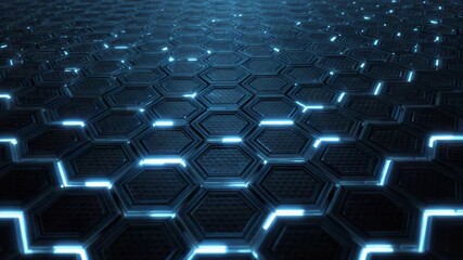 Glowing blue hexagon hexagonal grid floor with futuristic glowing metal panels and sleek neon blue - Powered by Adobe