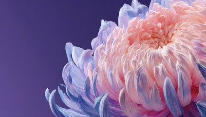 A close-up view of a vibrant chrysanthemum, showcasing its intricate, painterly petals in shades of peach, pink, and periwinkle blue.