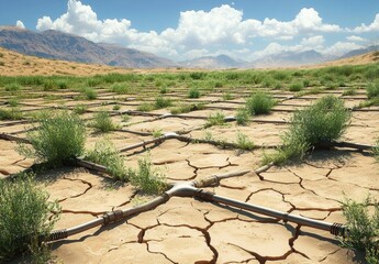 Irrigation grid of pipes across cracked parched earth with sparse green shrubs and distant mountains under a bright clouded sky, evoking resilience and cautious hope