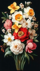 vibrant elegant bouquet of daffodils, white narcissi with orange cups, red and pink peonies and delicate small white blossoms on deep black background, joyful and refined