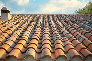Sunlit terracotta roof of repeating curved clay tiles with a small chimney and distant tree under a soft blue sky, evoking warm calm and Mediterranean rooftop serenity