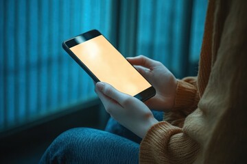 Person in brown sweater holding glowing smartphone near window blinds at night, soft blue ambient light, calm and contemplative mood