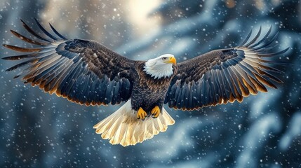 majestic bald eagle soaring through falling snow with wings fully spread over a blurred snowy forest, powerful and determined expression