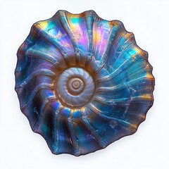 iridescent spiral seashell with ridged concentric layers and scalloped edge on a white background, metallic blue purple rainbow shimmer evoking calm wonder
