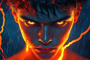 Intense dramatic abstract scene of glowing molten orange edges and embers framing deep blue streaked rainfall with neon orange lightning-like trails conveying fiery energy and tension