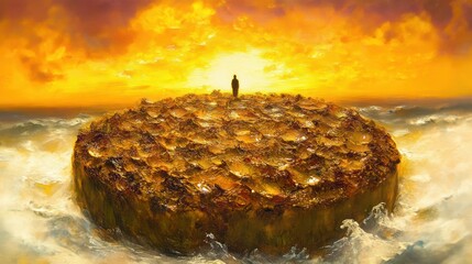 lonely silhouette standing on a large circular golden rocky platform rising from roaring sea beneath a blazing sunset sky, evoking solitude and awe