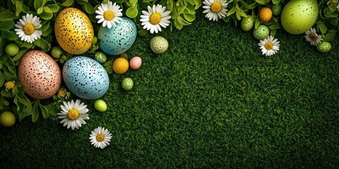 pastel speckled eggs and small candy eggs nestled among white daisies and green leaves on lush grass, conveying a bright cheerful springtime celebration