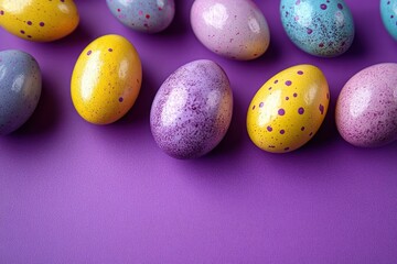 colorful speckled decorated eggs arranged along the top on a vibrant purple textured background, playful cheerful spring celebration mood