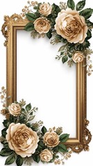 A vintage ornate floral frame with blooming golden roses and intricate Victorian ornamental details, perfect for romantic or decorative use