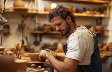 potter shaping a clay bowl on a spinning wheel in a warm cluttered studio, focused and calm, clay-covered hands and apron with shelves of finished pots and tools behind