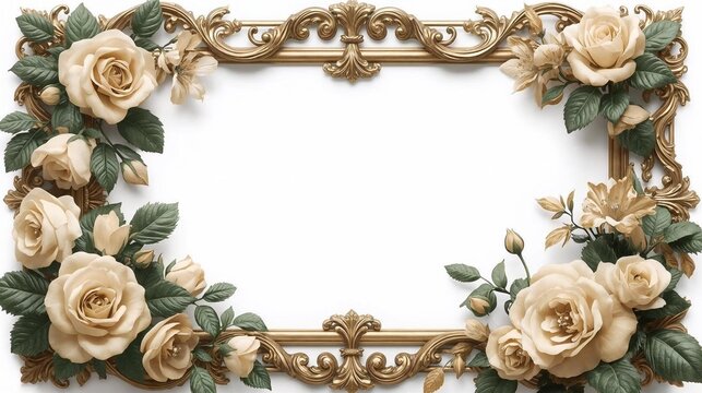 A romantic, ornate vintage floral frame, boasting an intricately detailed Victorian ornamental border adorned with abundant golden blooming roses and delicate foliage, for elegant design
