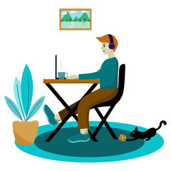 working at home while listening to music