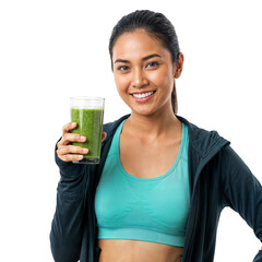 Happy young Asian woman holding a green smoothie after workout, looking at camera with a joyful expression on isolated transparent background.
