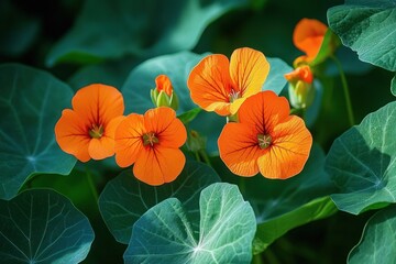 vibrant orange nasturtium flowers with round veined green leaves in soft sunlight, evoking a cheerful and tranquil garden mood