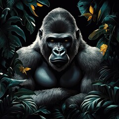 massive silverback gorilla seated amid dense tropical foliage and yellow flowers, arms crossed, detailed fur, powerful and contemplative mood
