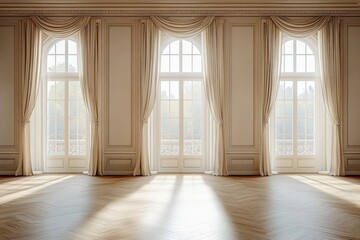Sunlit elegant empty salon with three tall arched windows, cream draped curtains, ornate molding and warm herringbone parquet conveying a serene refined atmosphere