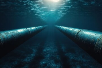 Two long corroded metal pipelines running parallel across a dim ocean seabed toward surface light, evoking a mysterious and isolated underwater atmosphere