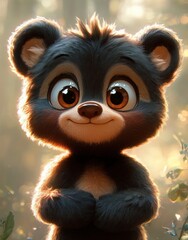 fluffy small bear standing in a sunlit forest with clasped paws, warm golden backlight and a peaceful, innocent mood