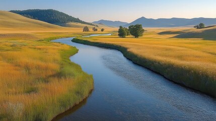 Serene winding river meandering through golden grasslands with scattered trees, rolling hills and distant mountains beneath a clear blue sky in warm morning light