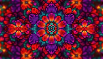 vibrant kaleidoscopic floral mandala with radiant red, purple and teal petals, intricate symmetrical radial pattern and glowing ornamental design evoking energetic, mesmerizing joy