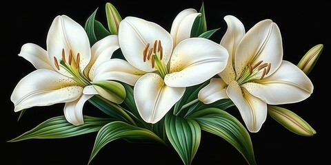 Three elegant white lilies with green leaves and buds on a black background, conveying serene graceful beauty