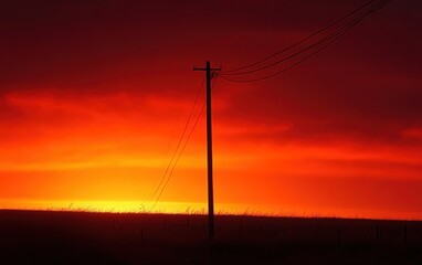 Solitary utility pole and power lines silhouetted against a fiery red-orange sunset over a grassy field and fence, evoking dramatic solitude and calm