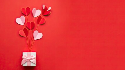 Valentine's day gift box with bouquet of pink and red paper hearts on red background, love and romance concept