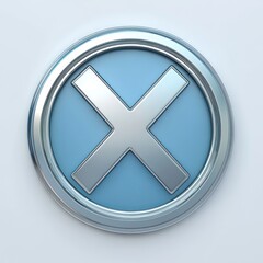 sleek metallic round blue button with a silver cross emblem and glossy chrome rim conveying a decisive modern cancel or close emotion