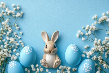 adorable sitting rabbit figurine surrounded by pastel blue decorated eggs and delicate white baby's breath flowers on a soft blue textured background, serene and cheerful