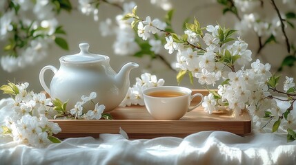 White porcelain teapot and teacup on a wooden tray surrounded by blooming white flowers and soft fabric, tranquil spring tea scene evoking calm and serenity