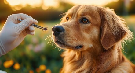 Gloved hand removing a tick from a golden retriever's fur with tweezers in a sunlit field, gentle attentive pet care and relief