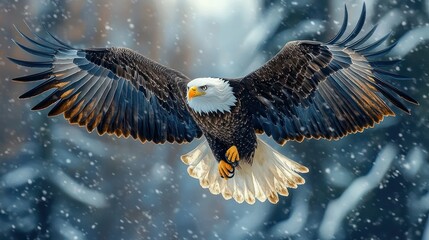 Majestic bald eagle soaring through falling snow over a blurred winter forest, wings fully outstretched, piercing gaze and poised talons conveying fierce determination