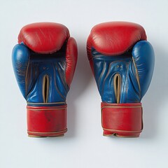 worn red and blue leather boxing gloves side by side on white background with a nostalgic determined mood