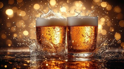 Two foamy beer glasses with splashing amber liquid and bubbles against warm golden bokeh lights and reflective wet surface, evoking a lively celebratory and refreshing mood