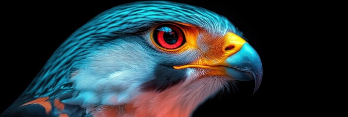 Close-up profile of a raptor head with vibrant turquoise feathers, fiery red eye and yellow curved beak against a black background, intense focused gaze