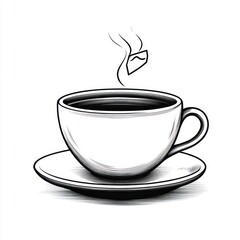 hand-drawn steaming cup of tea on a saucer with a dangling tea bag tag, warm cozy inviting mood