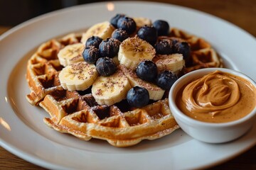golden crispy waffle topped with banana slices and fresh blueberries dusted with powdered sugar and cocoa with creamy peanut butter on the side, cozy indulgent breakfast