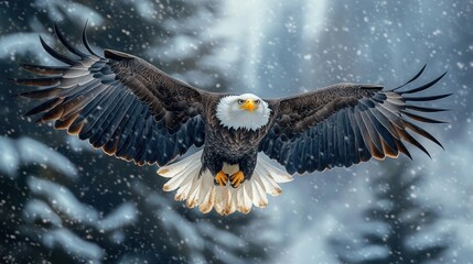 majestic bald eagle soaring through falling snow in a winter forest, wings fully spread and fierce focused gaze