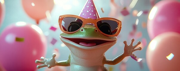 Smiling green frog wearing oversized sunglasses and a pink polka dot party hat, surrounded by pink balloons and colorful confetti, exuberant and joyful celebration