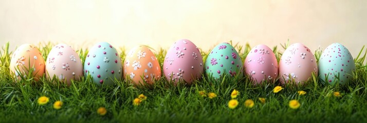 Row of pastel decorated eggs nestled in fresh green grass with small yellow flowers and delicate floral and dot patterns, warm sunlight creating a cheerful springtime mood