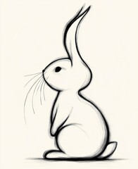 Minimalist black ink sketch of a sitting rabbit in profile with long ears, whiskers, small tail and a gentle, serene expression
