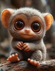 fluffy baby primate with large ears perched on a log, tiny hands and toes clasped, soft fur and warm lighting conveying adorable curiosity