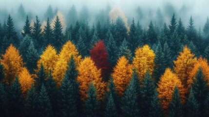 Misty conifer forest with dark evergreens and clusters of golden autumn trees punctuated by a solitary red tree, serene and mysterious atmosphere