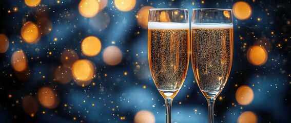 Two champagne flutes filled with bubbling champagne against a dark blue background with golden bokeh lights, festive romantic celebratory mood