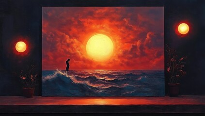 Framed painting of a lone figure standing on a wave beneath a huge glowing sun over a fiery sea, set on a dark shelf between two potted plants and round wall lights, evoking solitude and awe