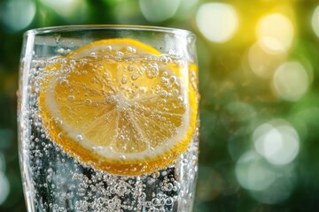 Close-up of a glass of sparkling water with a lemon slice and effervescent bubbles against a bright sunlit green bokeh background conveying a refreshing summer mood